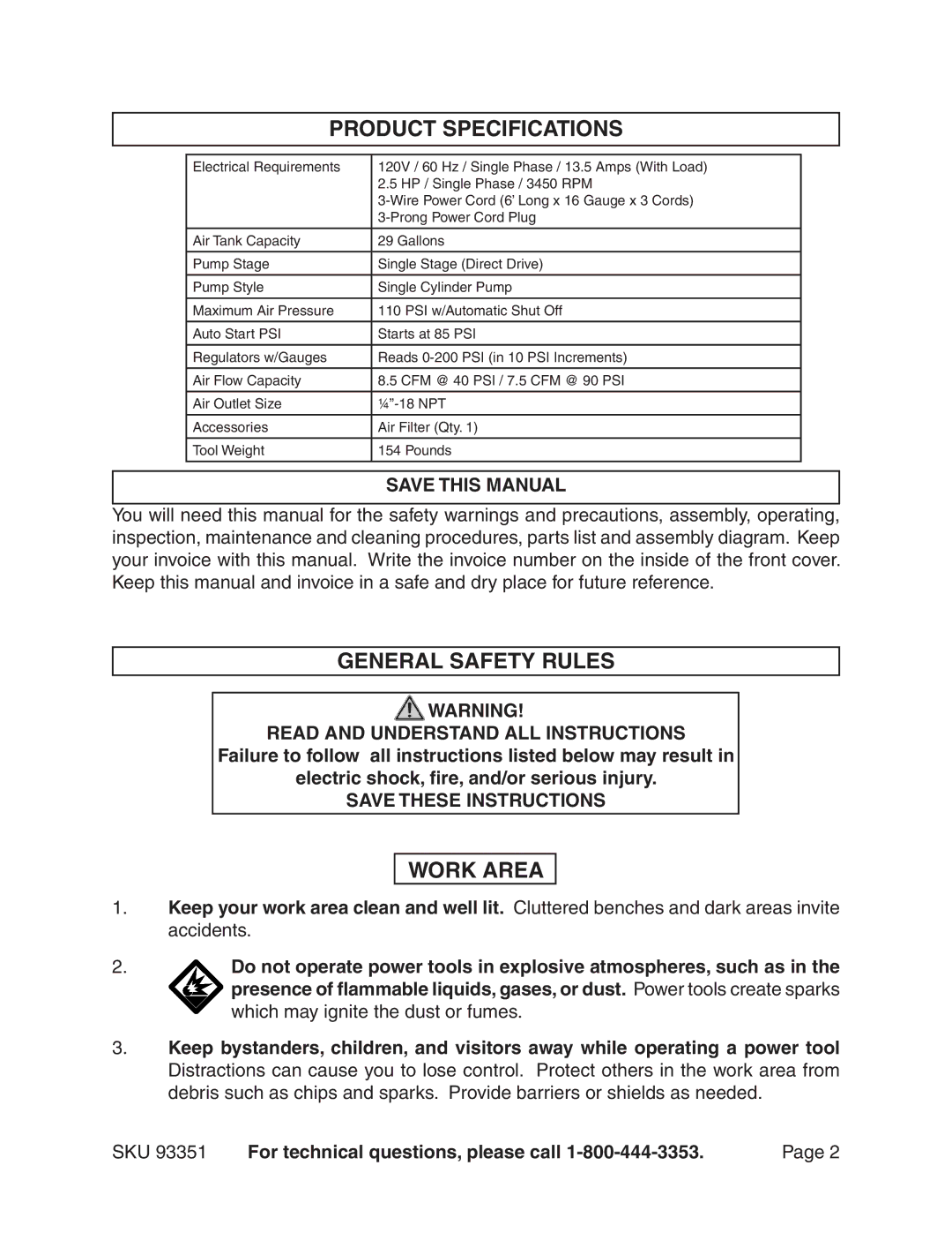 Harbor Freight Tools 93351 operating instructions Product Specifications, General Safety Rules, Work Area, Save this Manual 