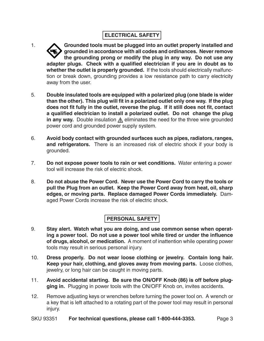 Harbor Freight Tools 93351 operating instructions Electrical Safety, Personal Safety 