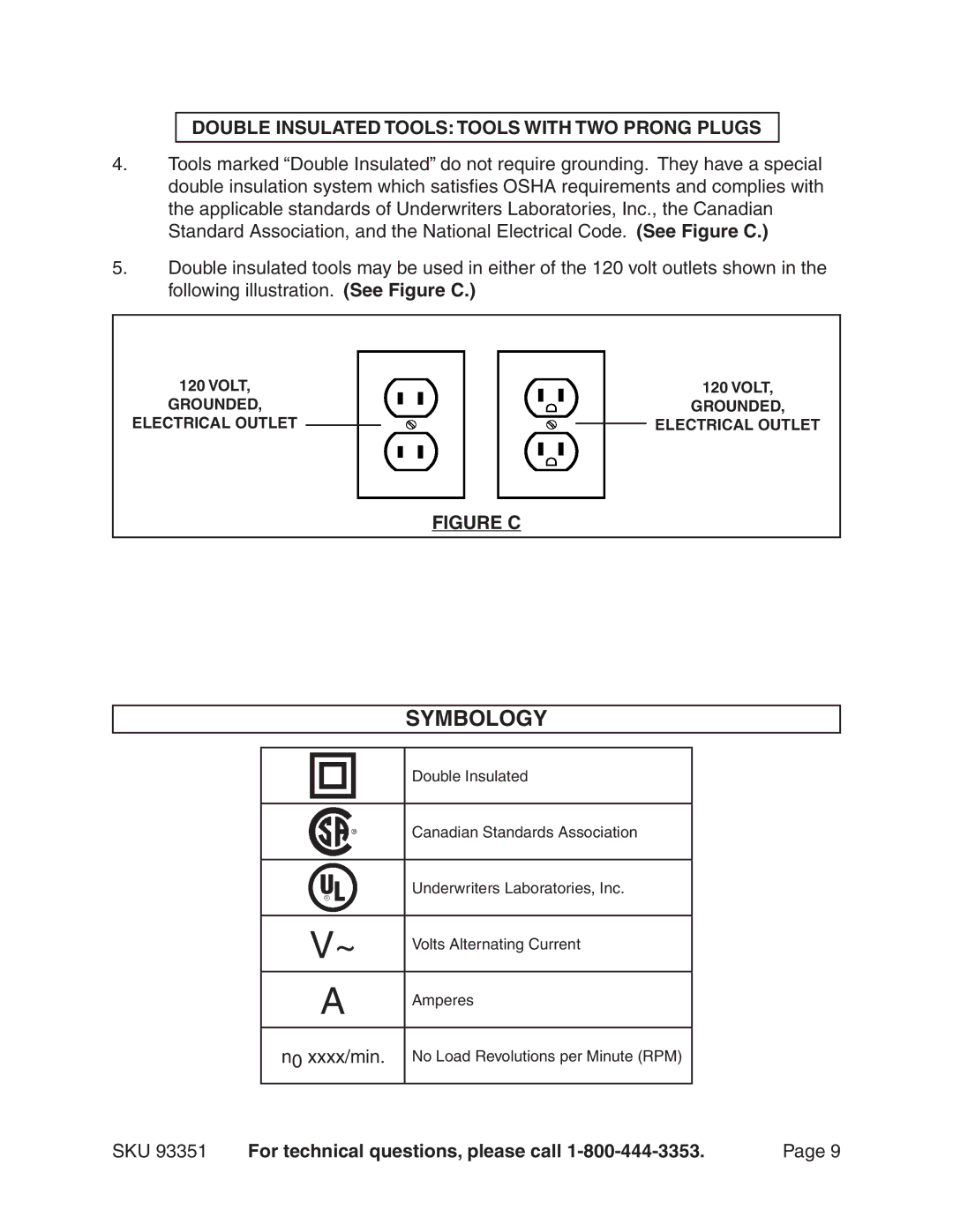 Harbor Freight Tools 93351 operating instructions Symbology, Double Insulated Tools Tools with TWO Prong Plugs 