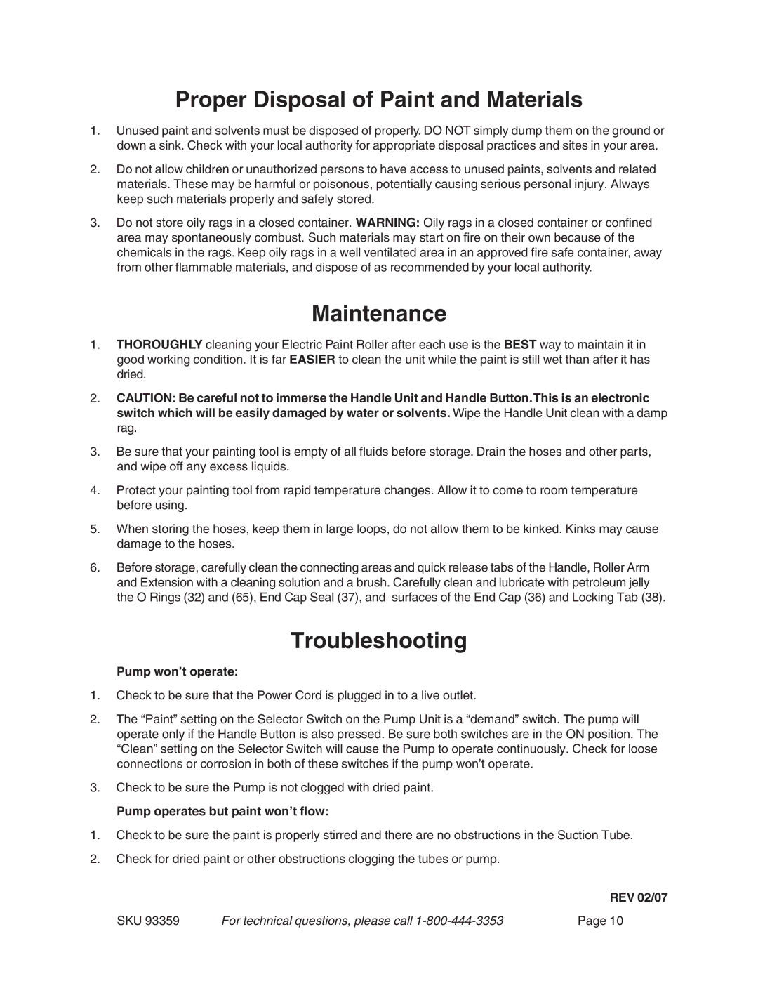 Harbor Freight Tools 93359 operating instructions Proper Disposal of Paint and Materials, Maintenance, Troubleshooting 