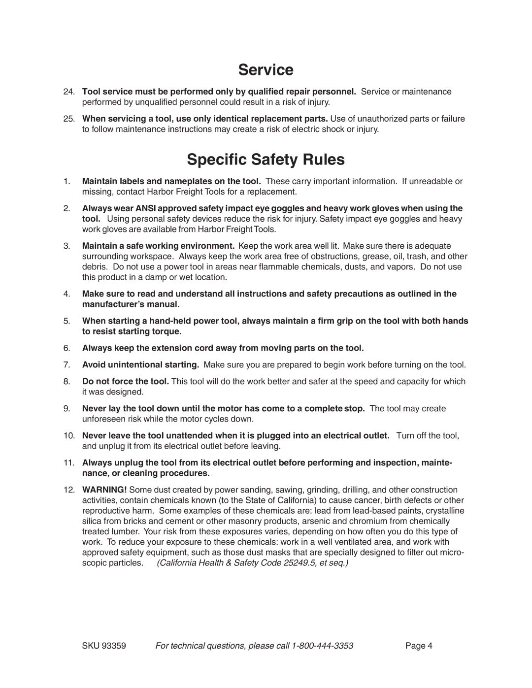 Harbor Freight Tools 93359 operating instructions Service, Specific Safety Rules 