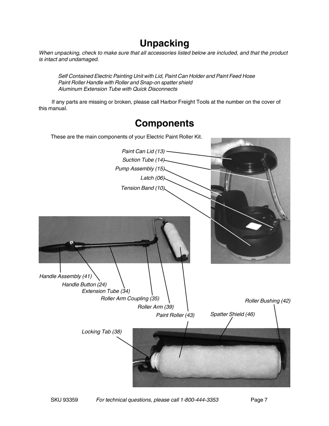 Harbor Freight Tools 93359 operating instructions Unpacking, Components 