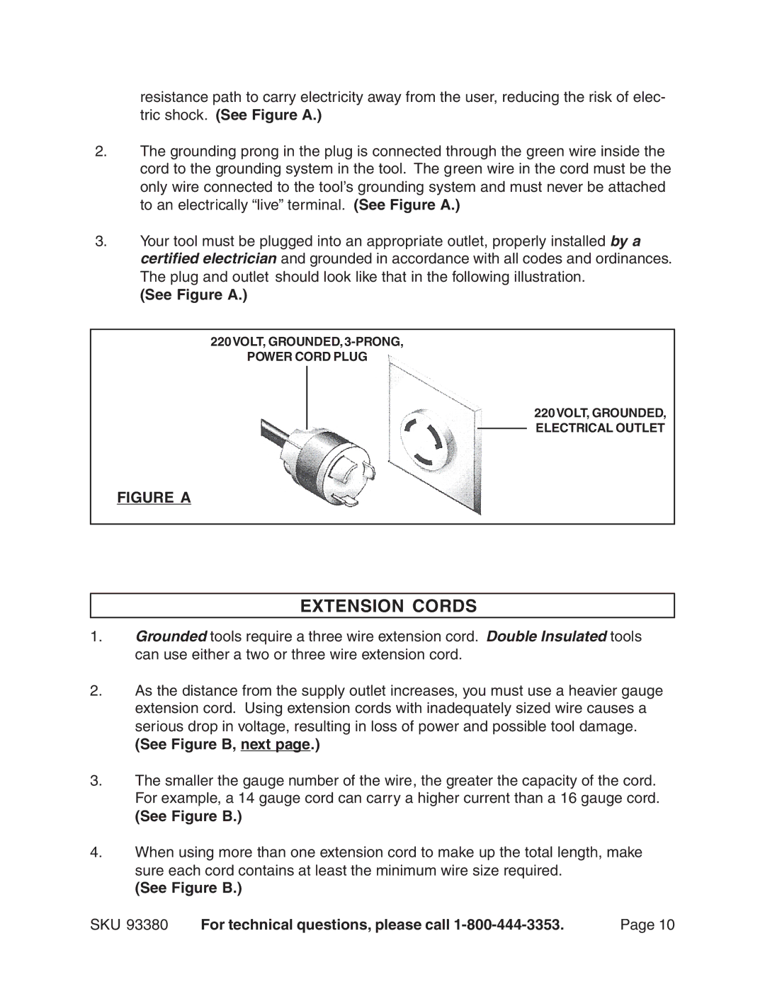 Harbor Freight Tools 93380 operating instructions Extension Cords, See Figure a, See Figure B, next 