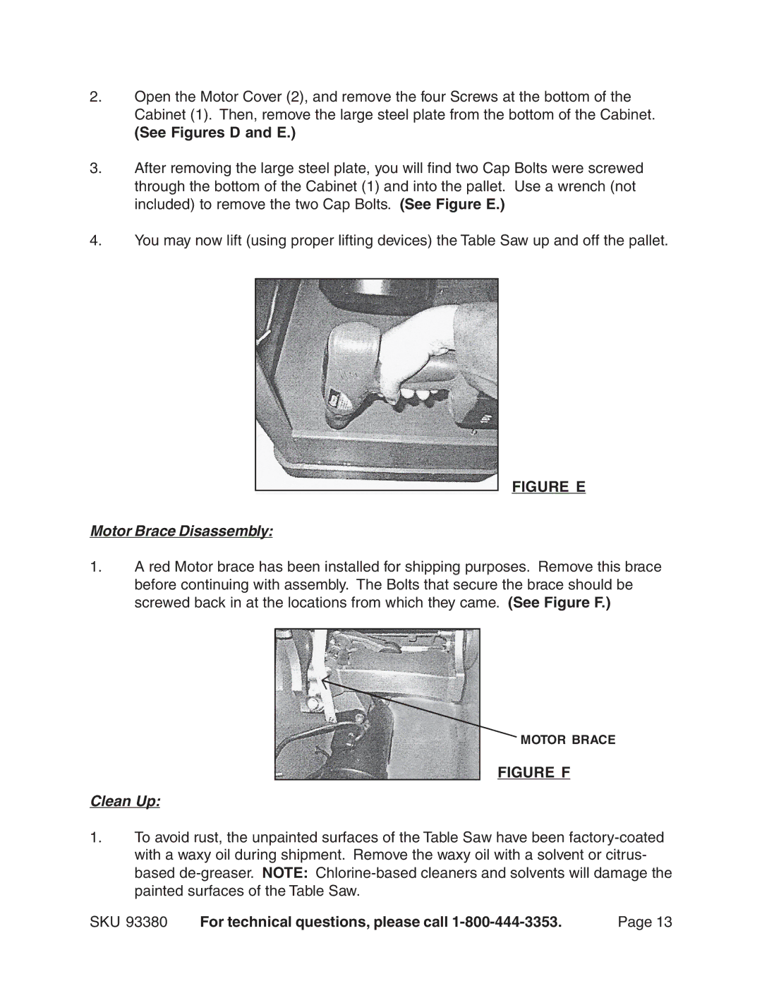 Harbor Freight Tools 93380 operating instructions See Figures D and E, Motor Brace Disassembly, Clean Up 