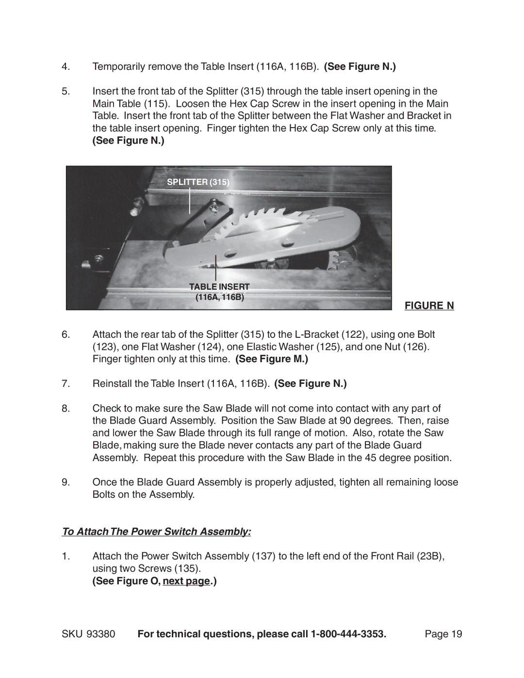 Harbor Freight Tools 93380 operating instructions See Figure N, To Attach The Power Switch Assembly 