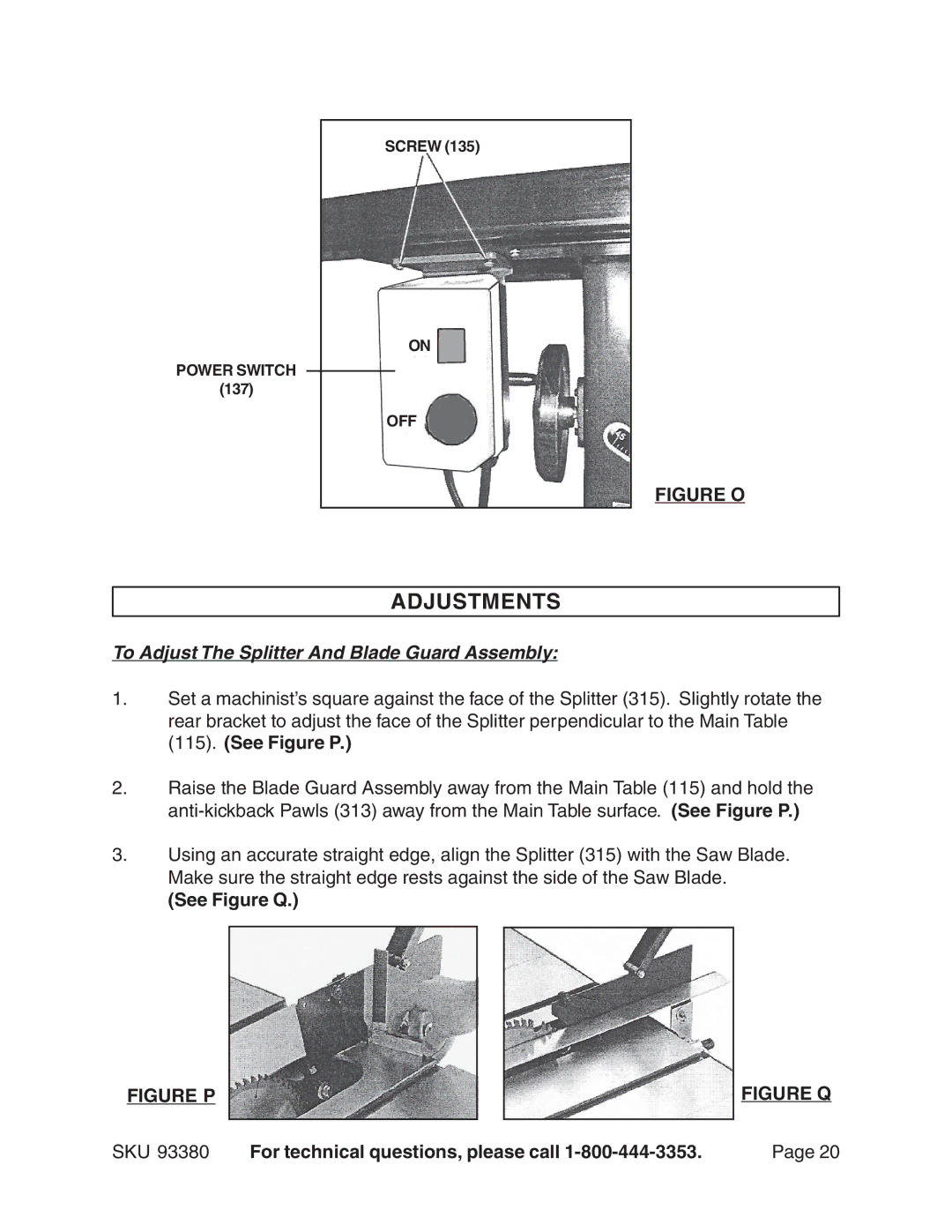 Harbor Freight Tools 93380 Adjustments, To Adjust The Splitter And Blade Guard Assembly, See Figure Q 