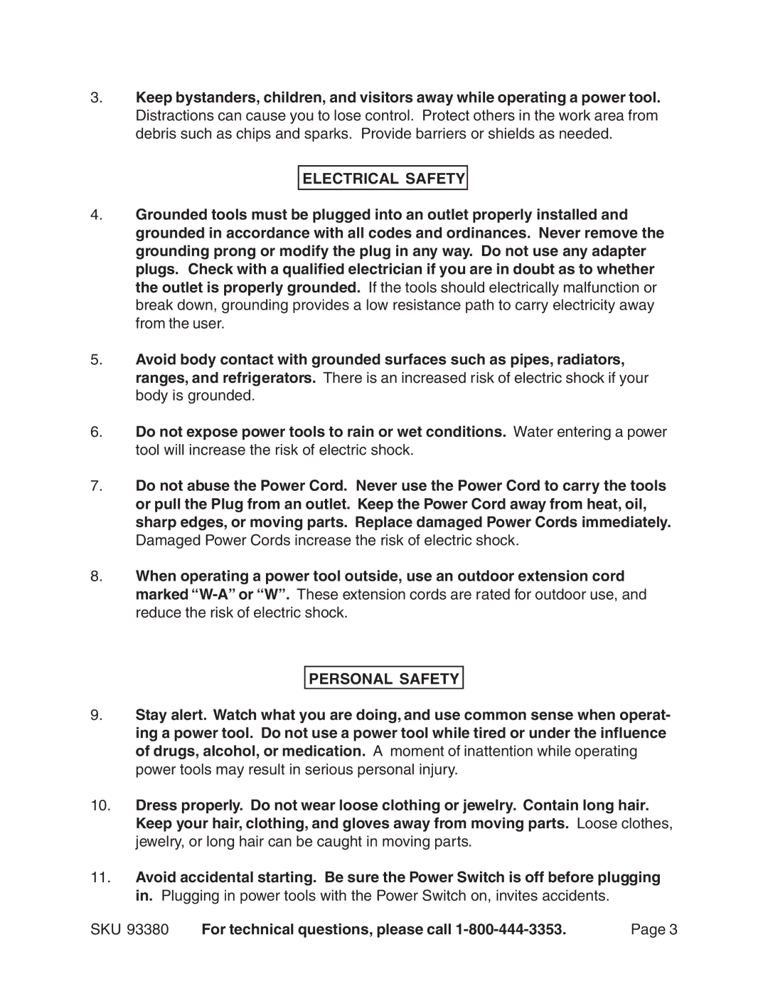 Harbor Freight Tools 93380 operating instructions Electrical Safety, Personal Safety 