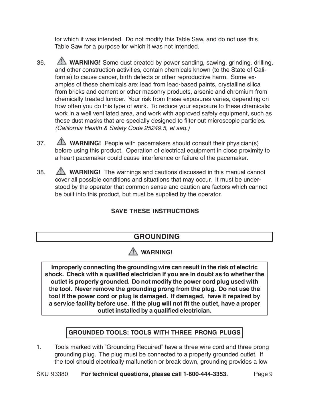 Harbor Freight Tools 93380 operating instructions Grounding, Grounded Tools Tools with Three Prong Plugs 