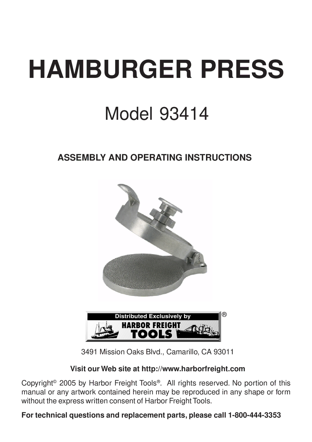 Harbor Freight Tools 93414 operating instructions Hamburger Press 