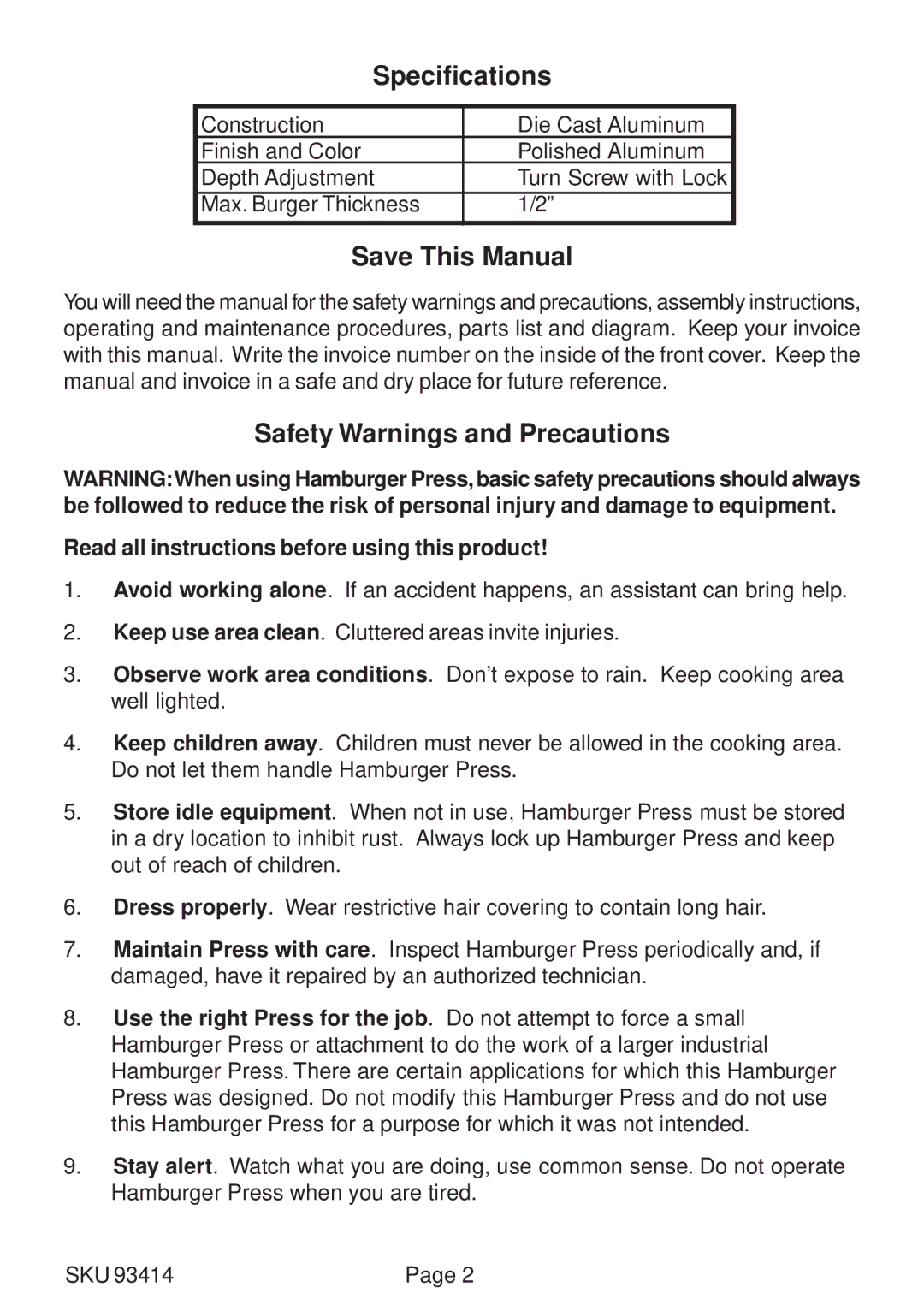 Harbor Freight Tools 93414 operating instructions Specifications, Save This Manual, Safety Warnings and Precautions 