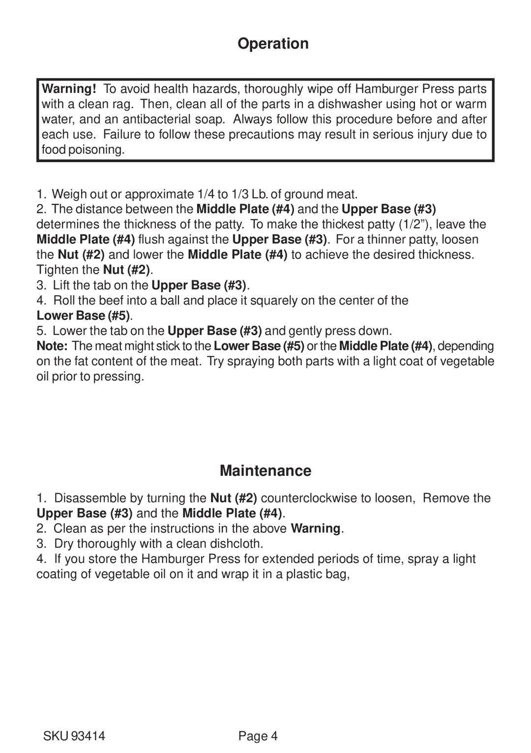 Harbor Freight Tools 93414 operating instructions Operation, Maintenance 