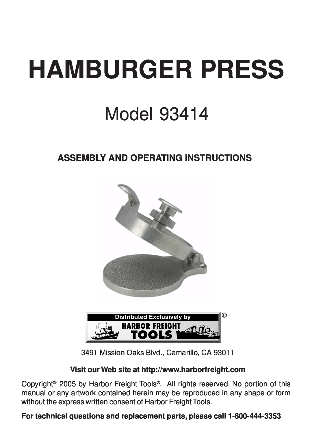 Harbor Freight Tools 93414 operating instructions Assembly And Operating Instructions, Hamburger Press, Model 