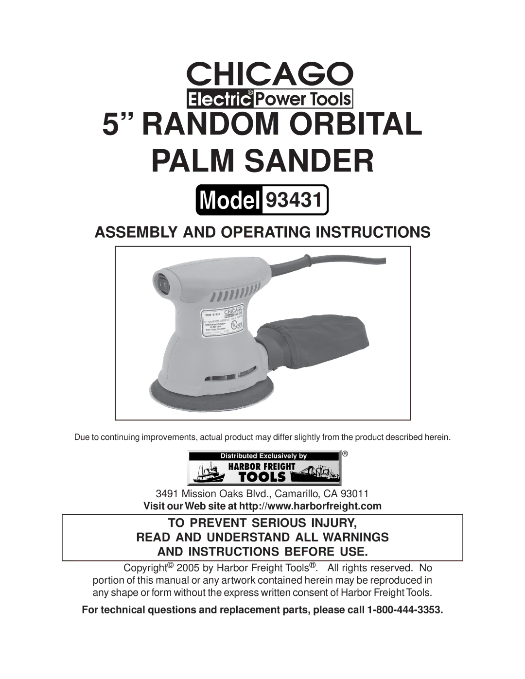 Harbor Freight Tools 93431 operating instructions Random Orbital Palm Sander 