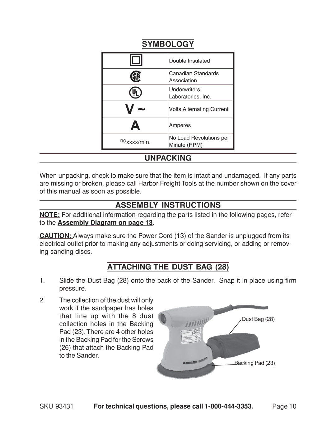 Harbor Freight Tools 93431 operating instructions Symbology Unpacking, Assembly Instructions Attaching the Dust BAG 