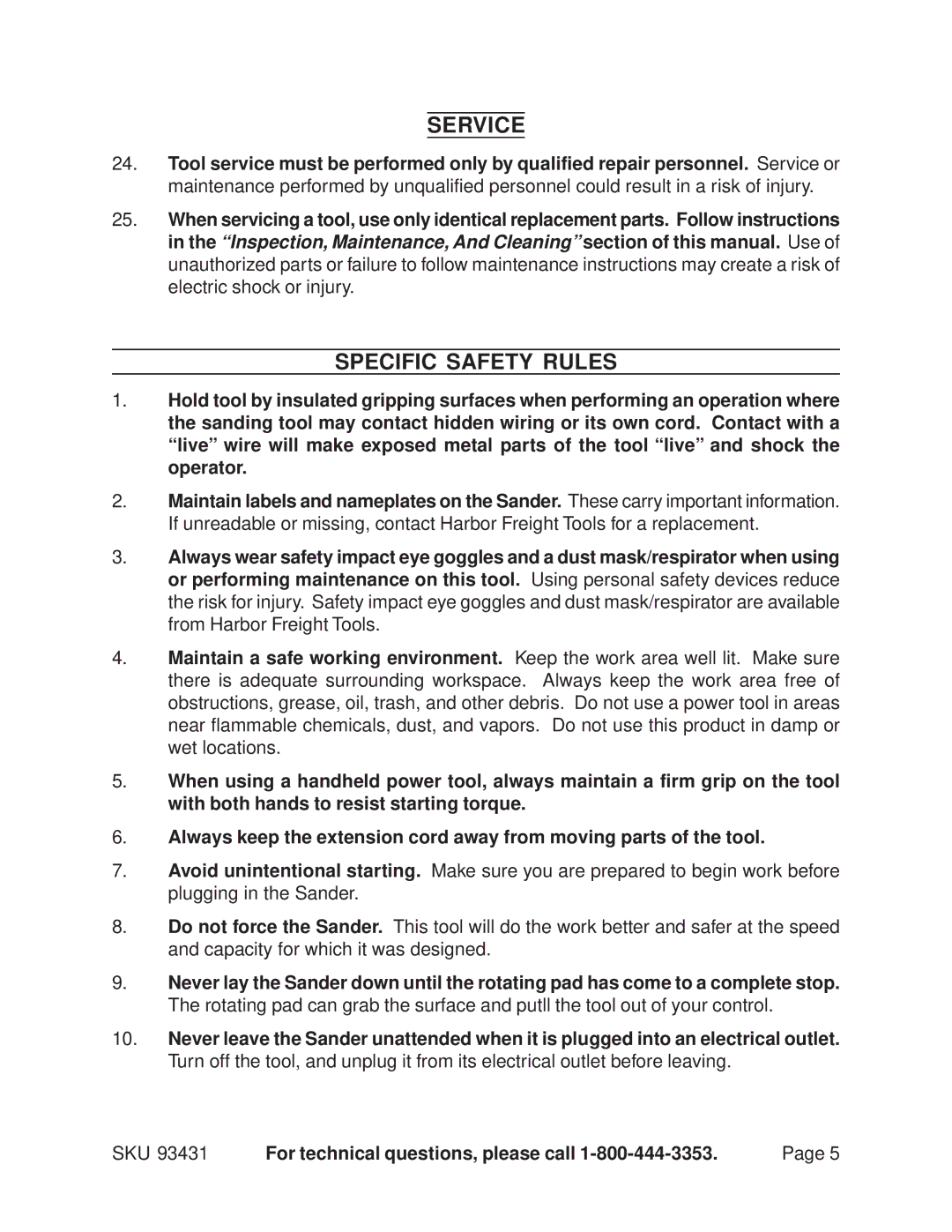 Harbor Freight Tools 93431 operating instructions Service, Specific Safety Rules 