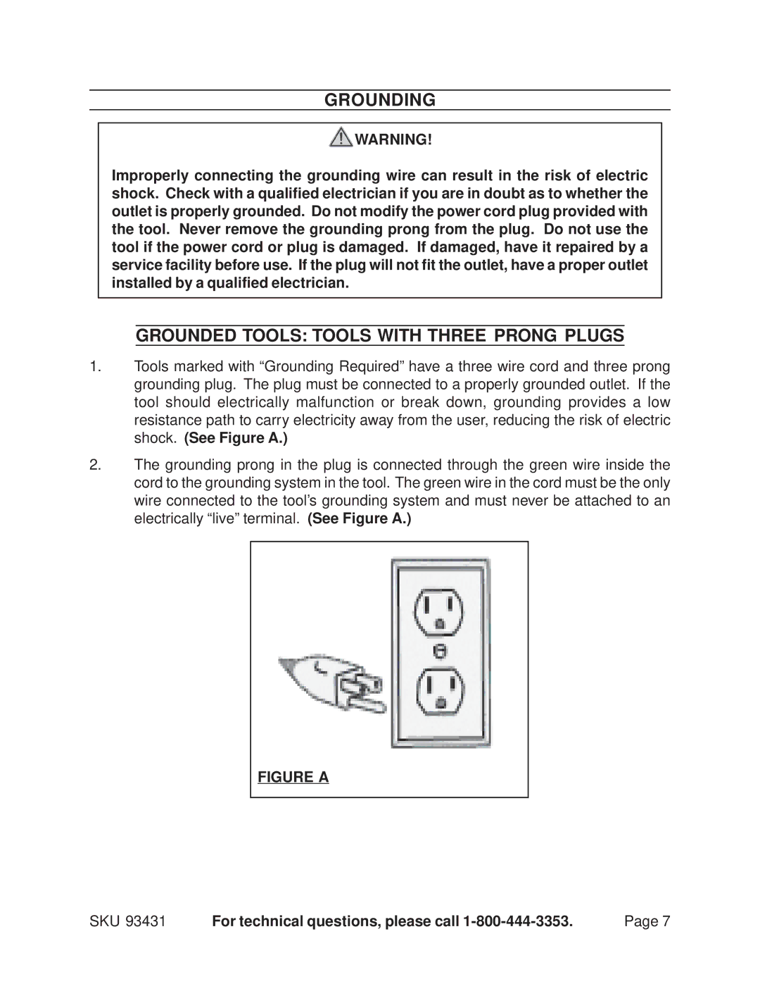 Harbor Freight Tools 93431 operating instructions Grounding, Grounded Tools Tools with Three Prong Plugs 