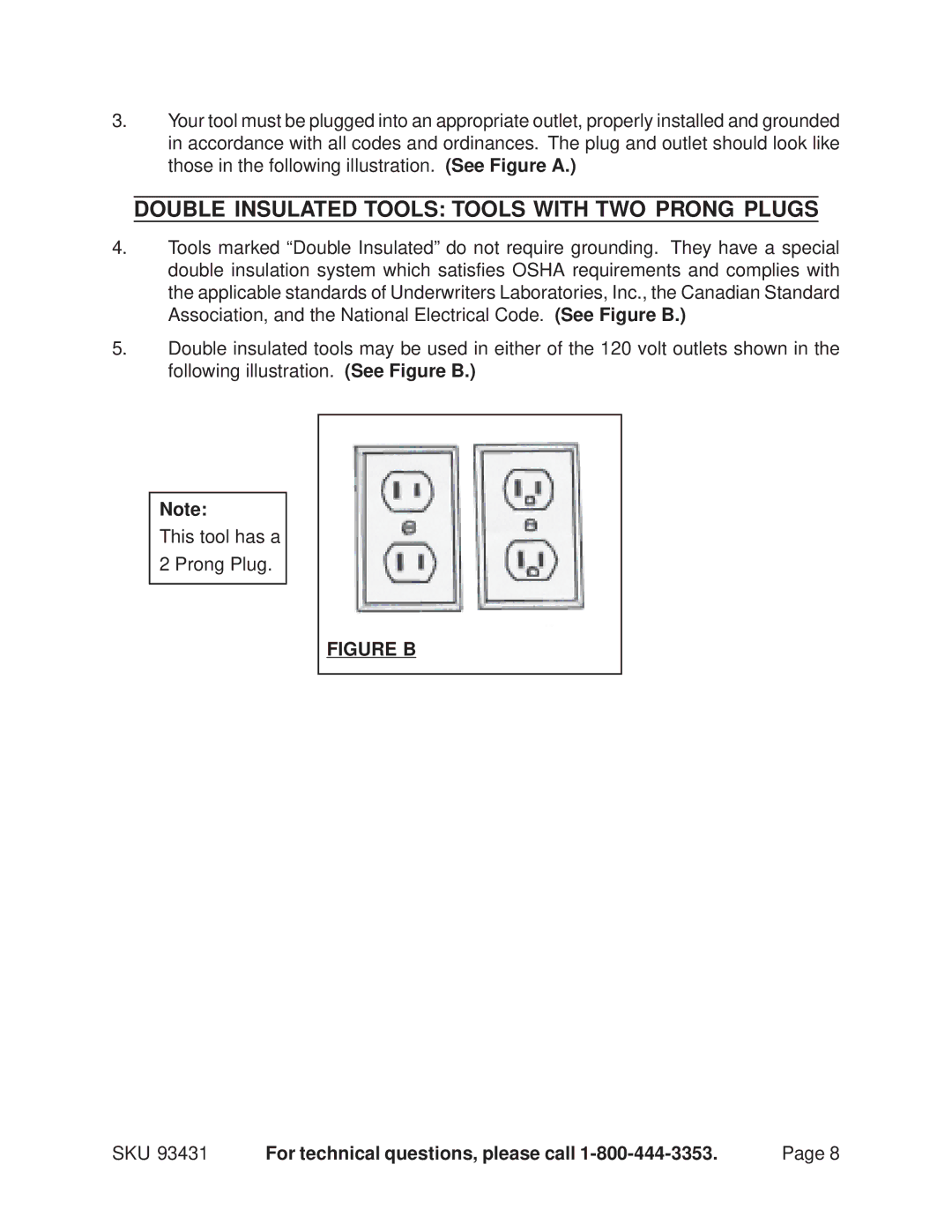 Harbor Freight Tools 93431 operating instructions Double Insulated Tools Tools with TWO Prong Plugs, Figure B 