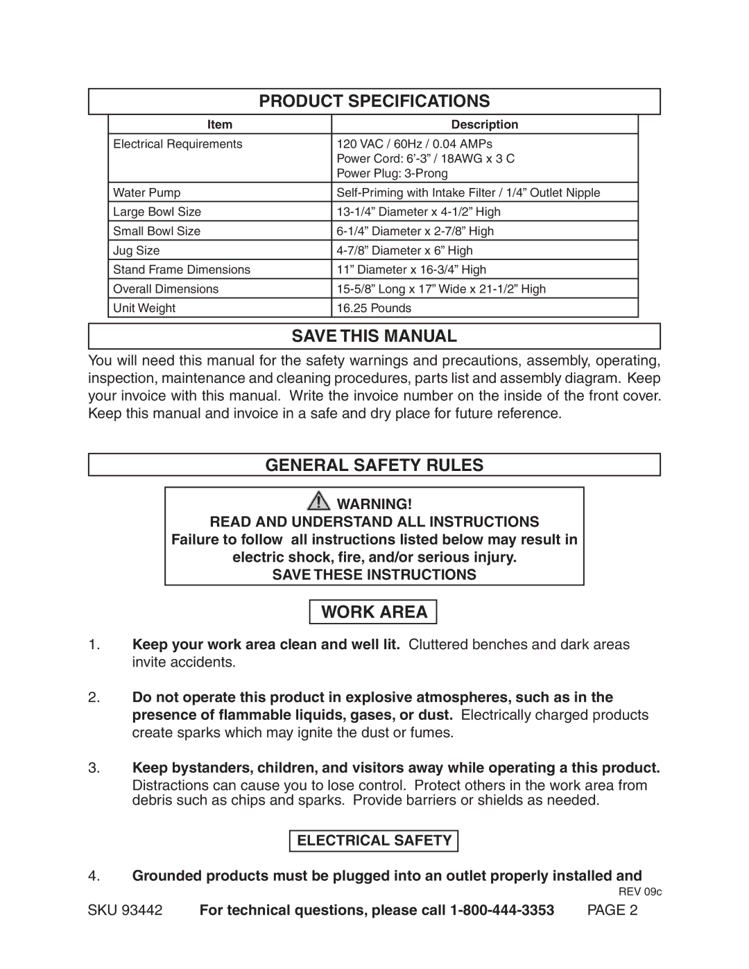 Harbor Freight Tools 93442 Product Specifications, General Safety Rules, Work Area, Read and Understand ALL Instructions 