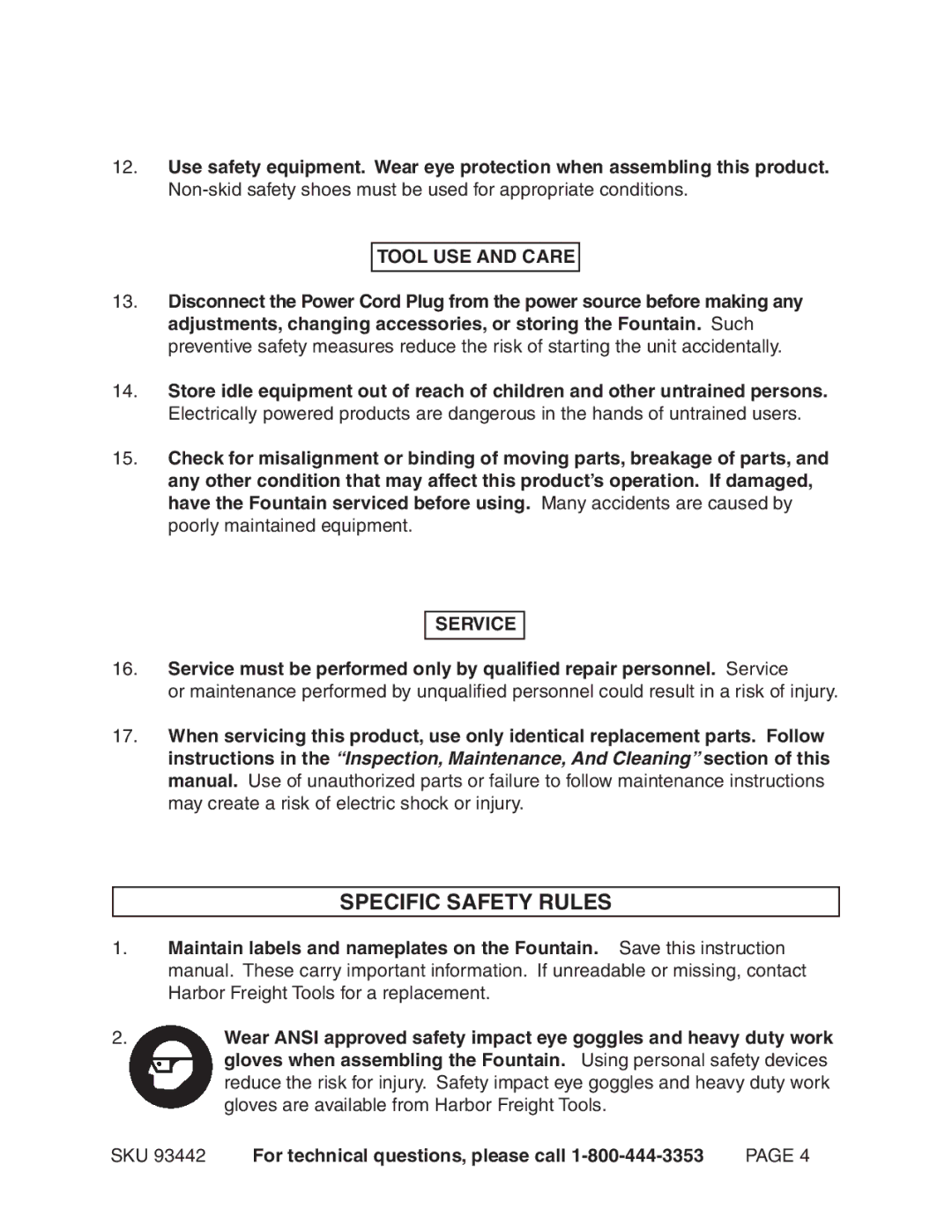 Harbor Freight Tools 93442 manual Specific Safety Rules, Tool USE and Care, Service 