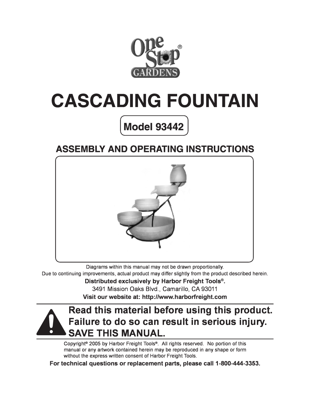 Harbor Freight Tools 93442 manual Cascading Fountain, Model, Assembly And Operating Instructions 
