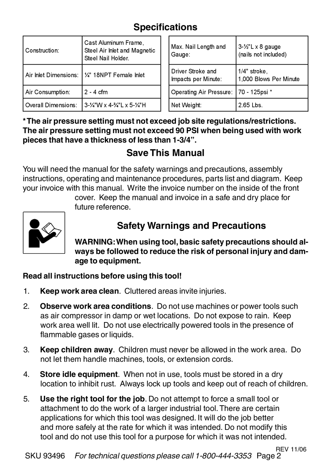 Harbor Freight Tools 93496 operating instructions Specifications, Save This Manual, Safety Warnings and Precautions 