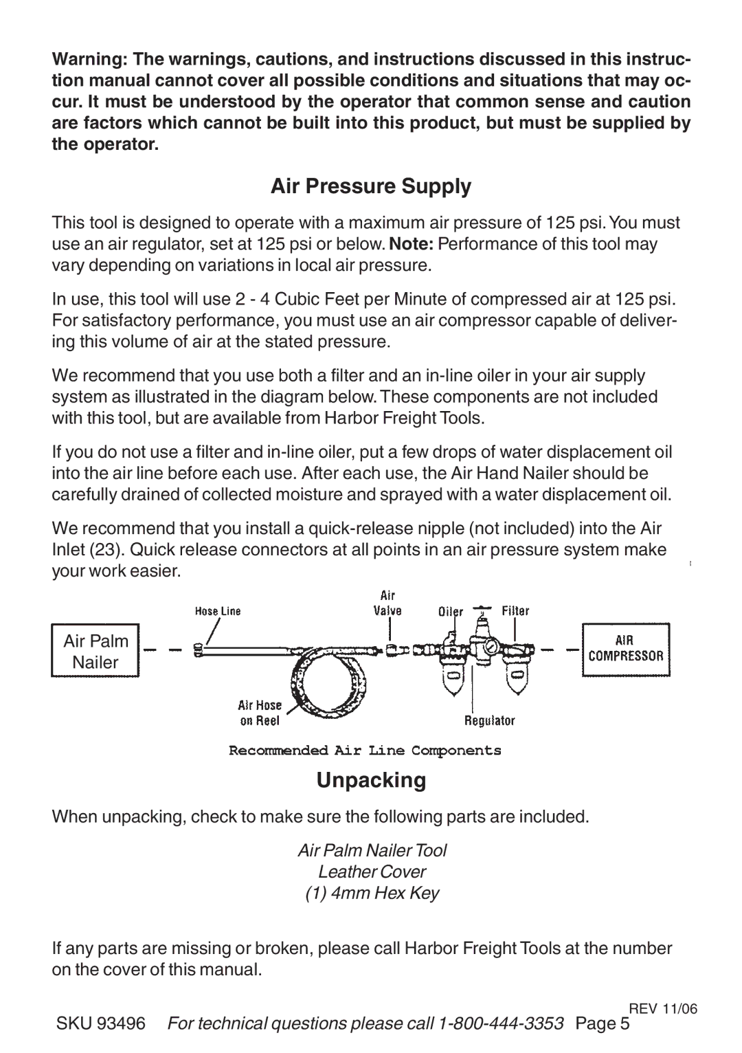 Harbor Freight Tools 93496 operating instructions Air Pressure Supply, Unpacking 