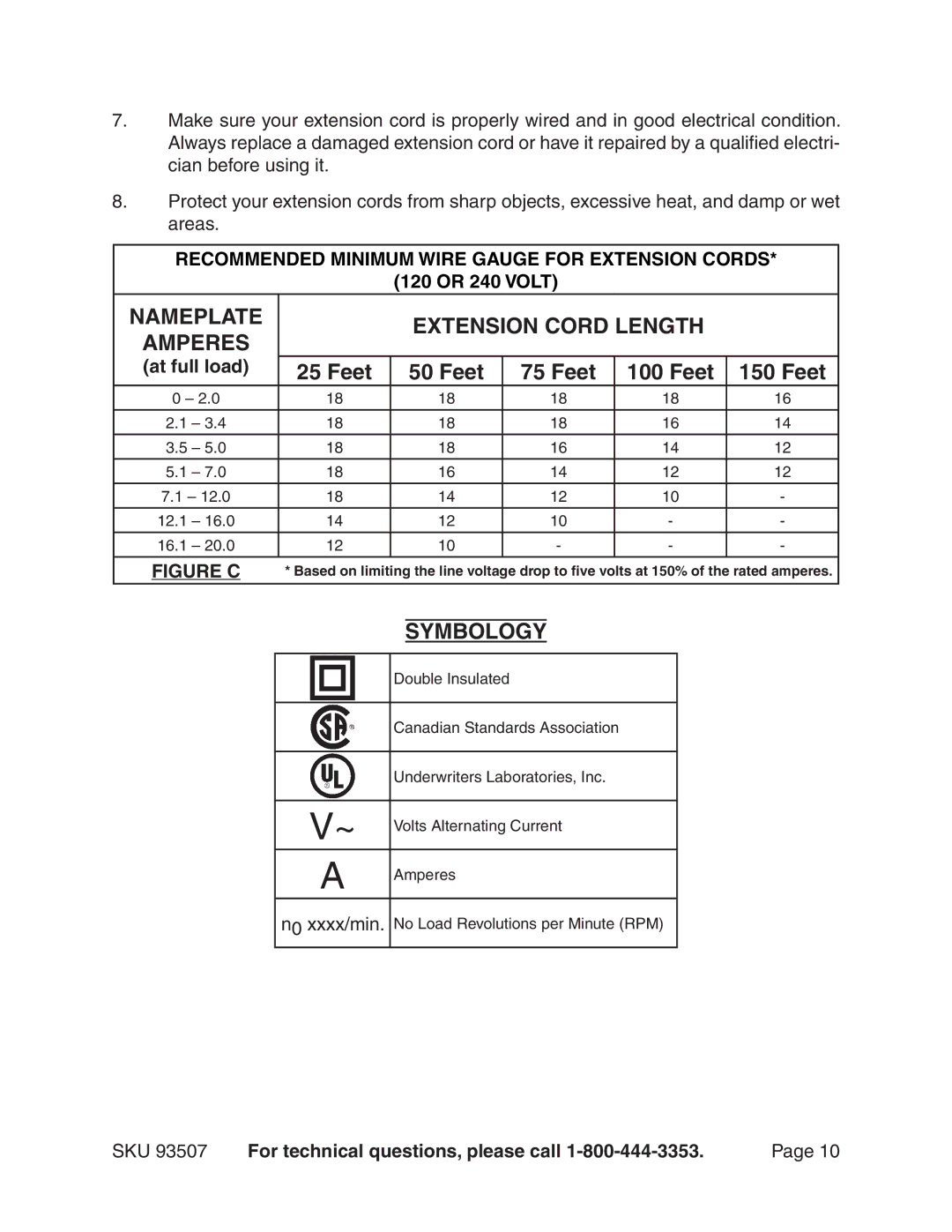 Harbor Freight Tools 93507 Nameplate Extension Cord Length, Feet, Symbology, 120 or 240 Volt, At full load 