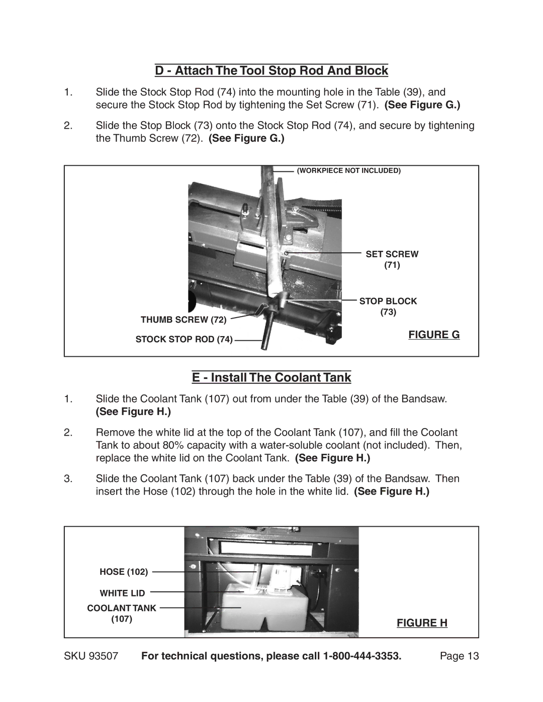 Harbor Freight Tools 93507 Attach The Tool Stop Rod And Block, Install The Coolant Tank, See Figure H 