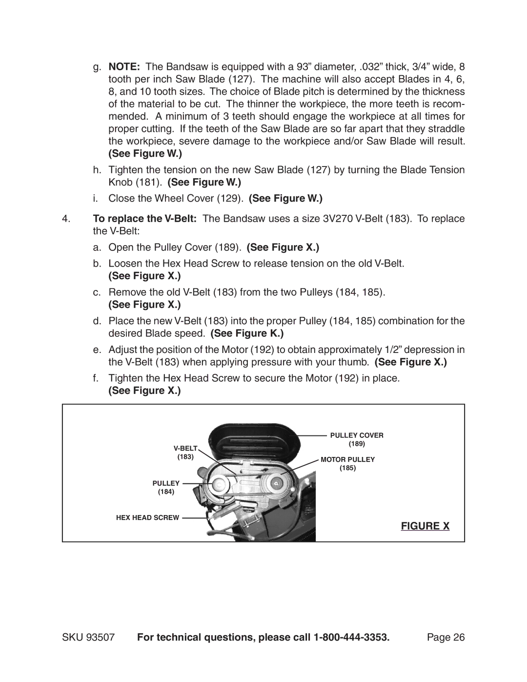 Harbor Freight Tools 93507 operating instructions Remove the old V-Belt 183 from the two Pulleys 184 