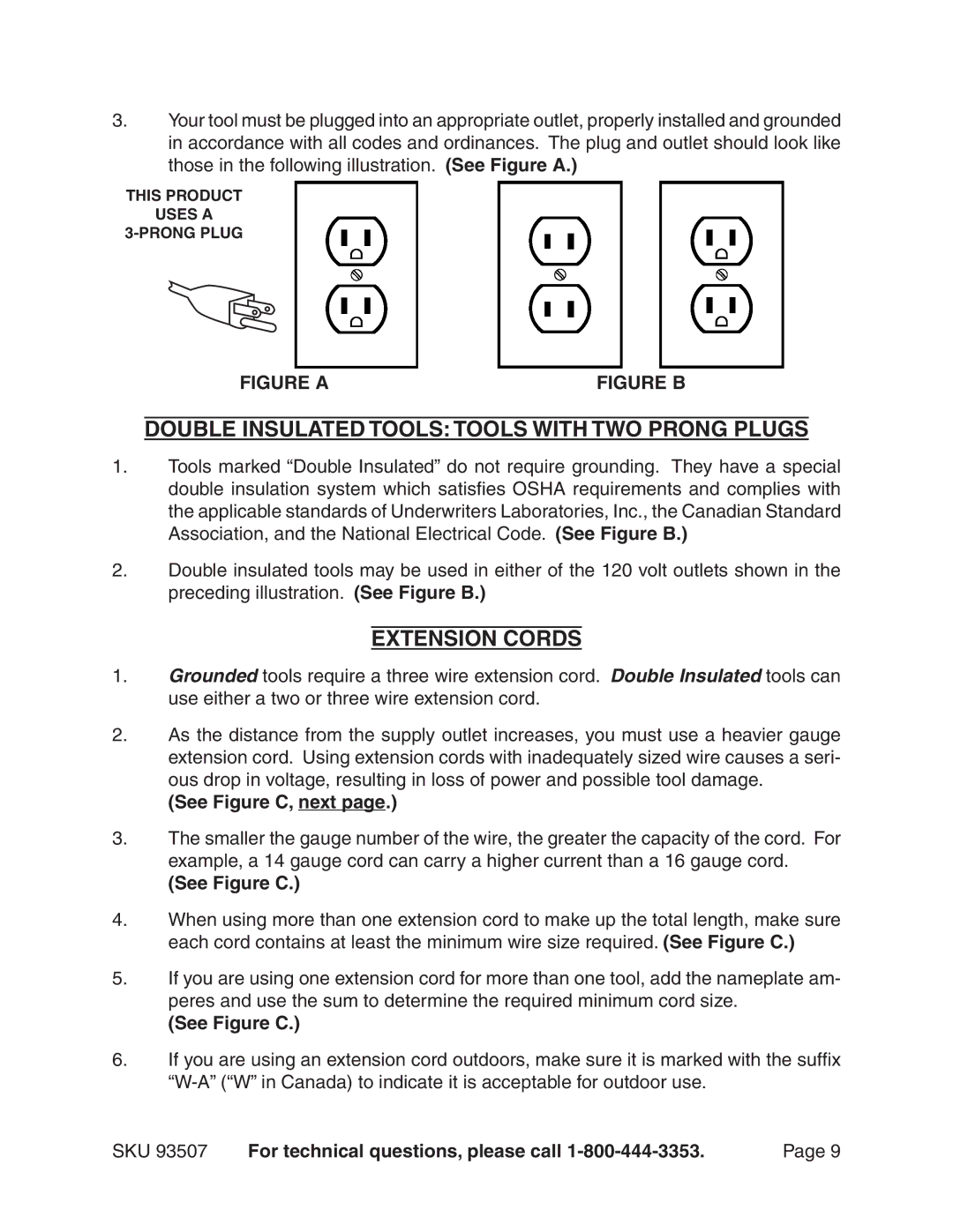 Harbor Freight Tools 93507 Double Insulated Tools Tools With Two Prong Plugs, Extension Cords, See Figure C, next 