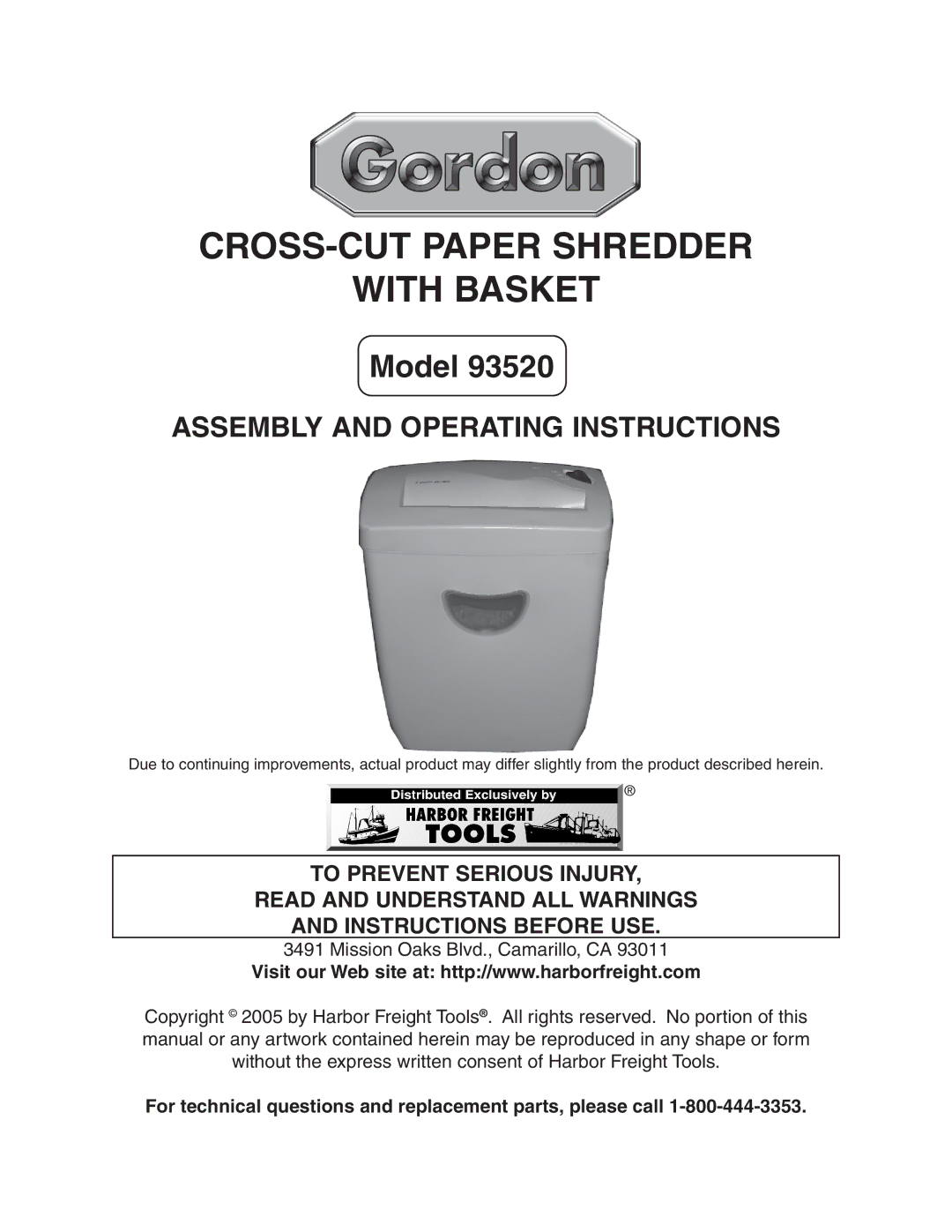 Harbor Freight Tools 93520 manual CROSS-CUT Paper Shredder With Basket 