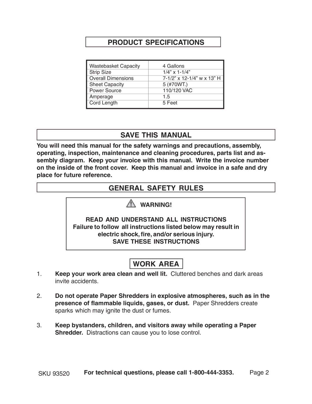 Harbor Freight Tools 93520 manual Product Specifications, Save this Manual, General Safety Rules, Work Area 