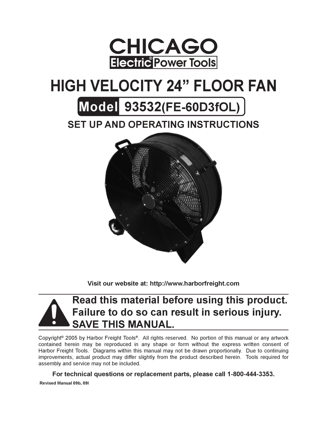 Harbor Freight Tools 93532 manual High Velocity 24 Floor FAN, For technical questions or replacement parts, please call 