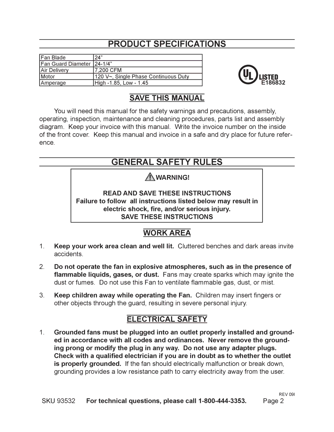 Harbor Freight Tools 93532 Product Specifications, General Safety Rules, Save this Manual, Work Area, Electrical Safety 