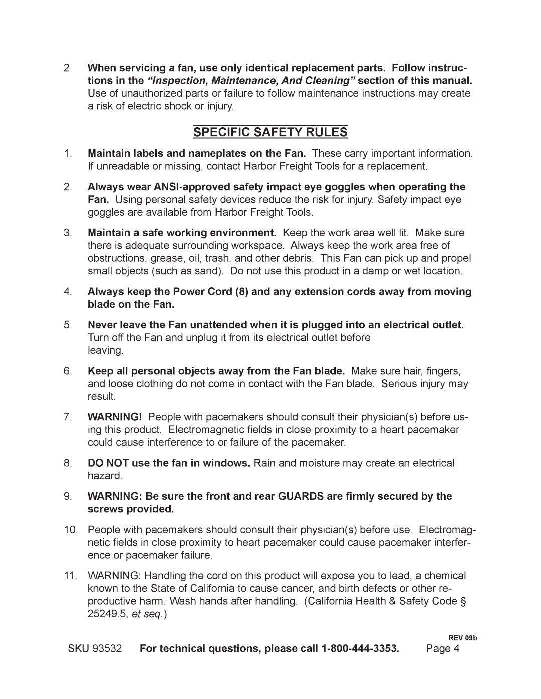 Harbor Freight Tools 93532 manual Specific Safety Rules 