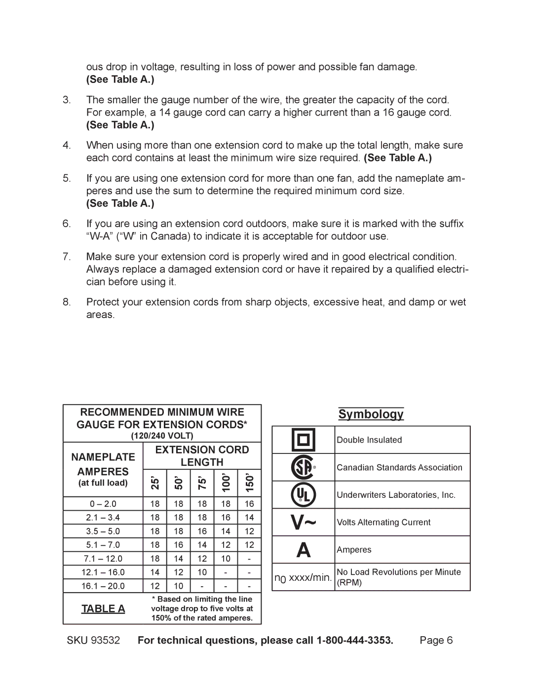 Harbor Freight Tools 93532 manual Symbology, See Table a, 25’ 50’ 75’ 