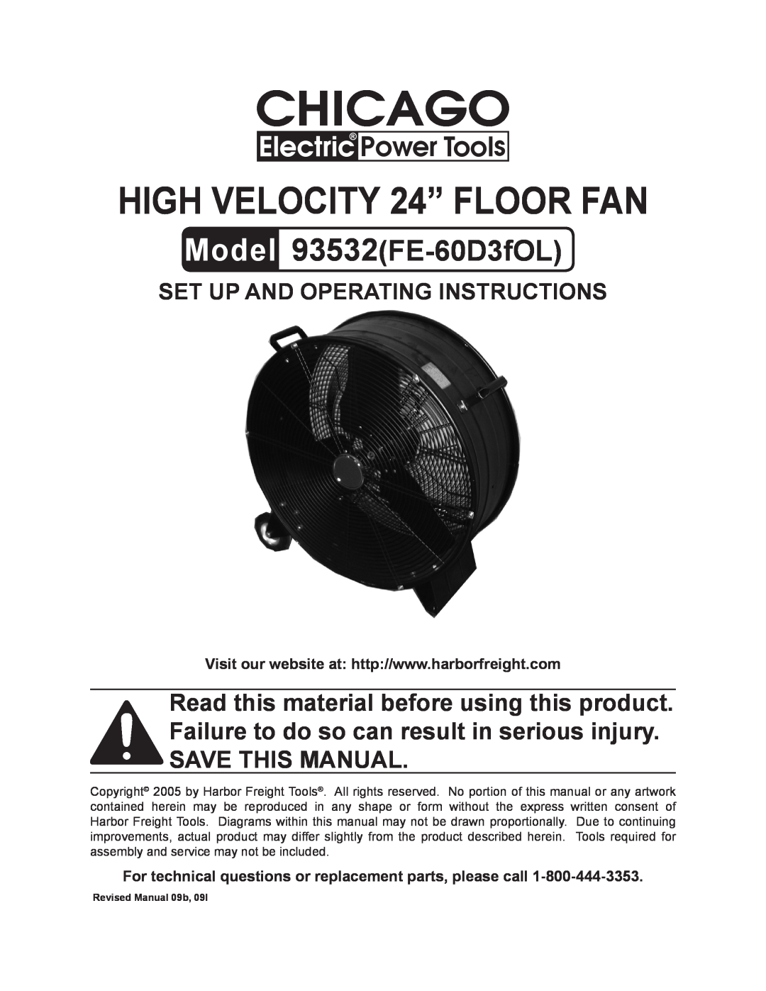 Harbor Freight Tools manual HIGH VELOCITY 24” FLOOR FAN, Model 93532FE-60D3fOL, Set up and Operating Instructions 