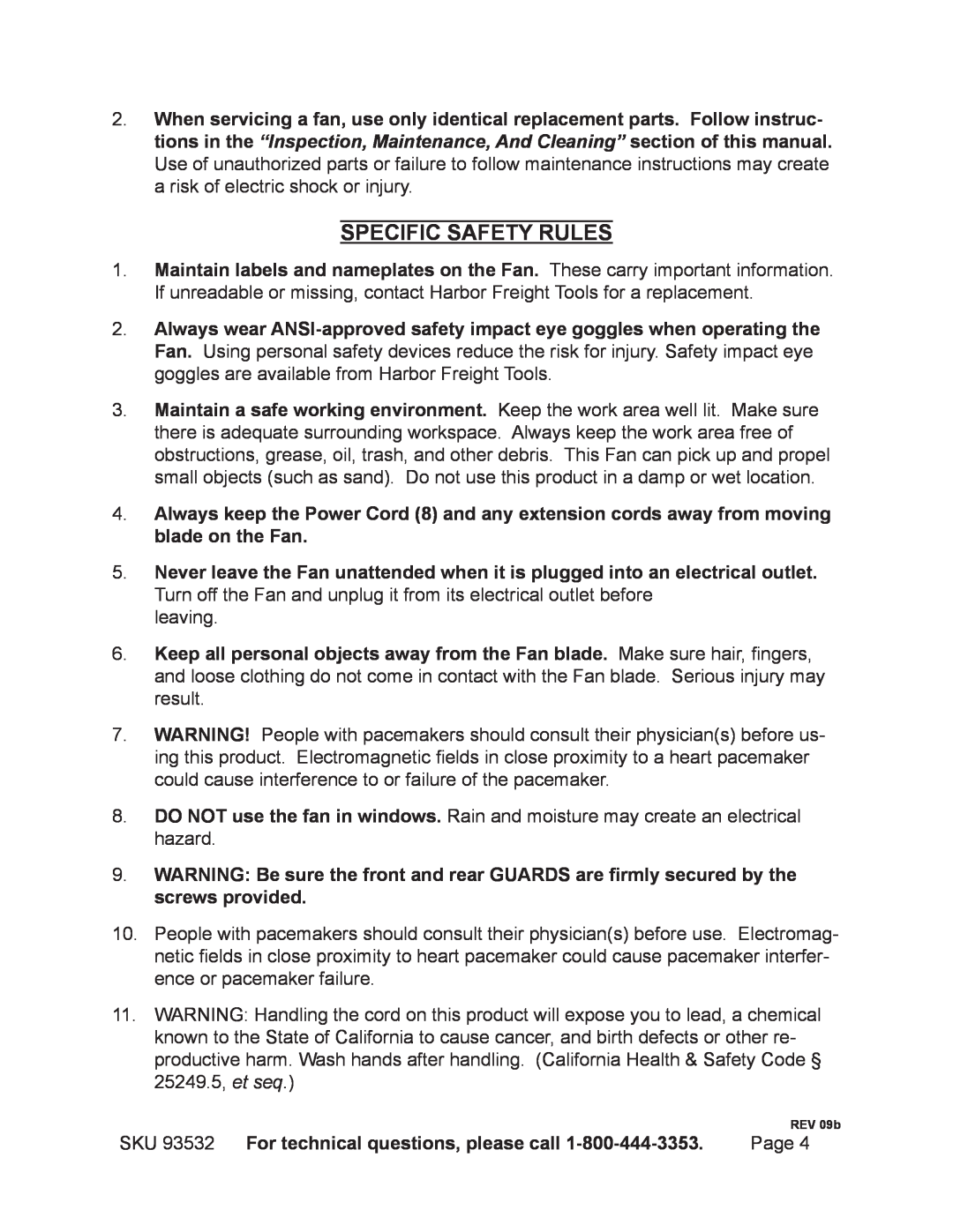 Harbor Freight Tools 93532 manual Specific Safety Rules 
