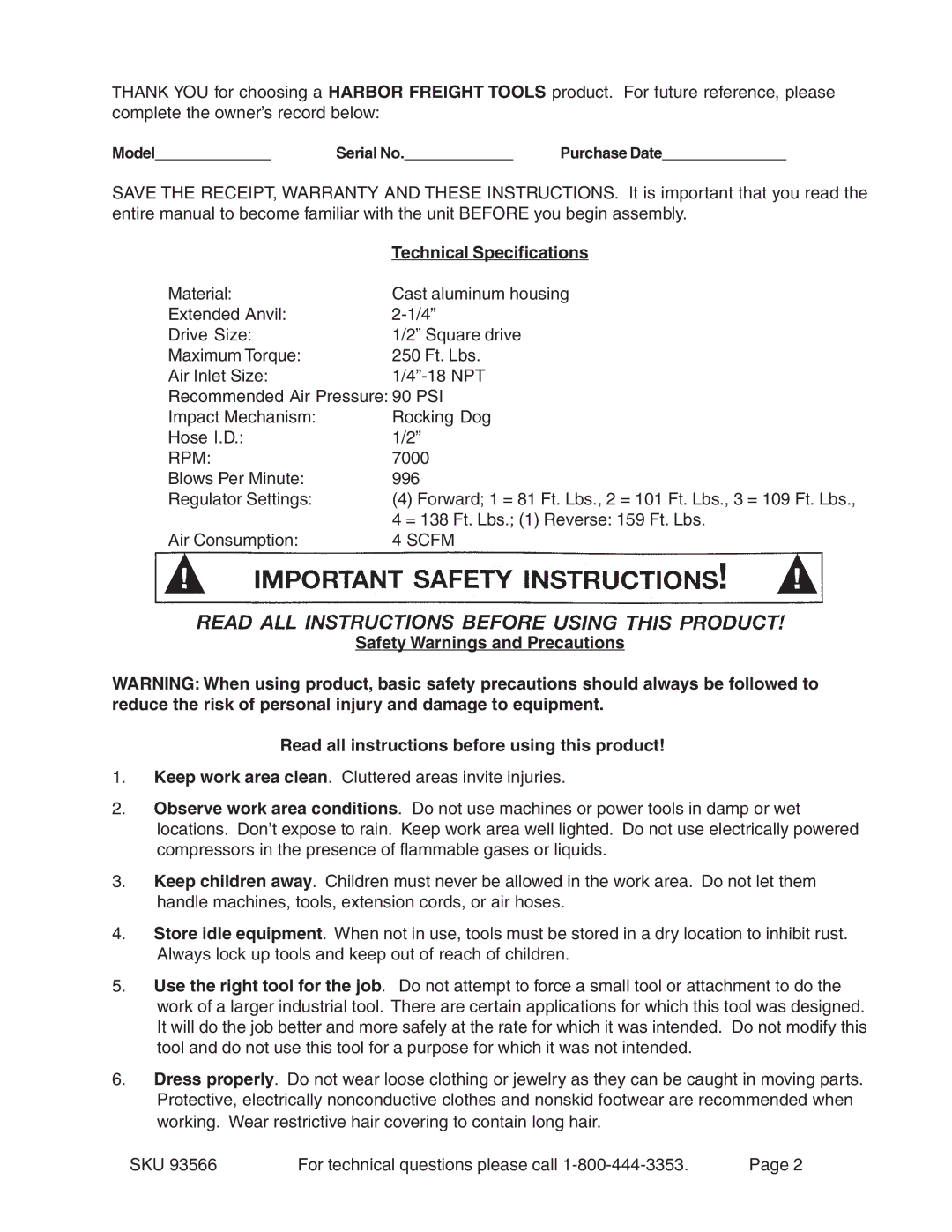 Harbor Freight Tools 93566 operating instructions Technical Specifications, Rpm 