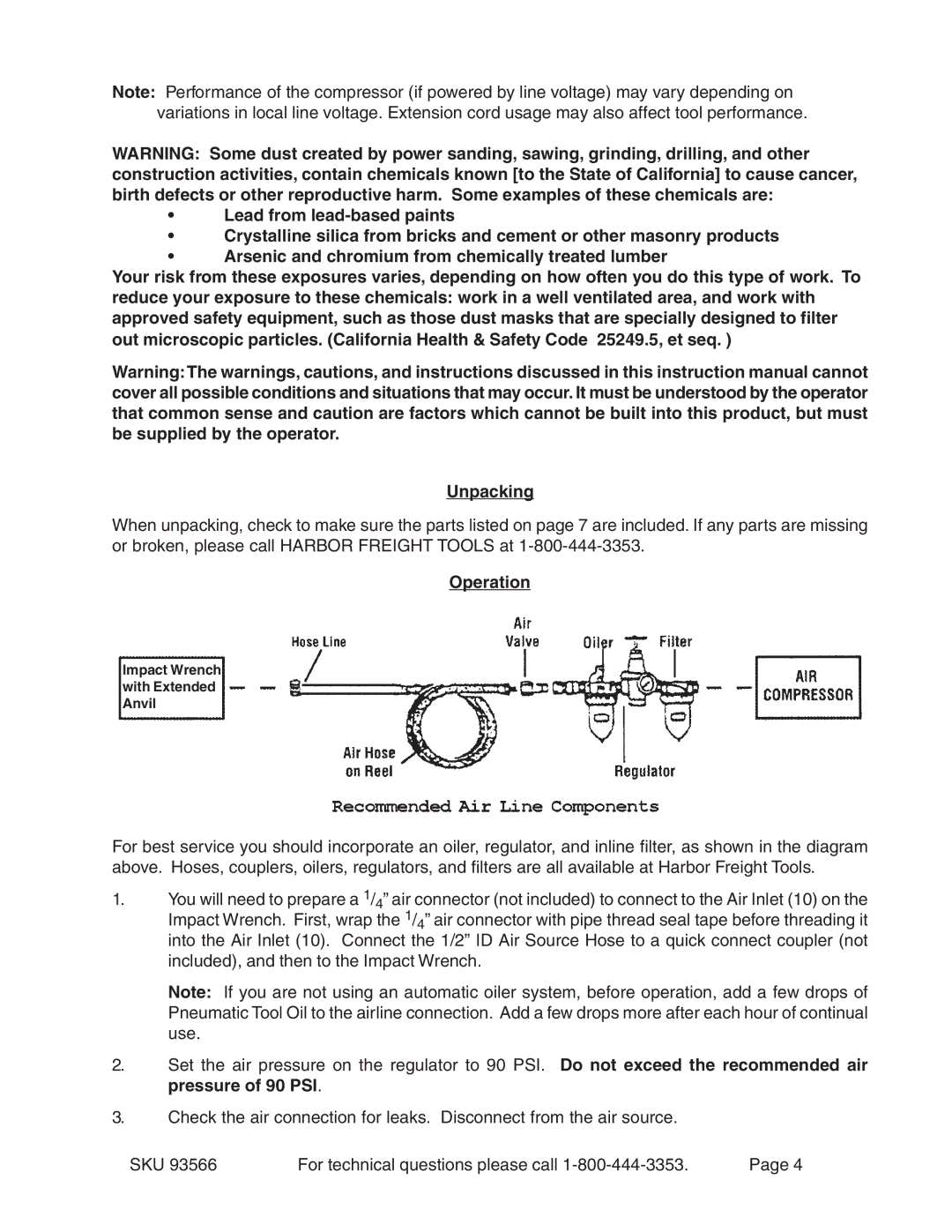 Harbor Freight Tools 93566 operating instructions Operation 