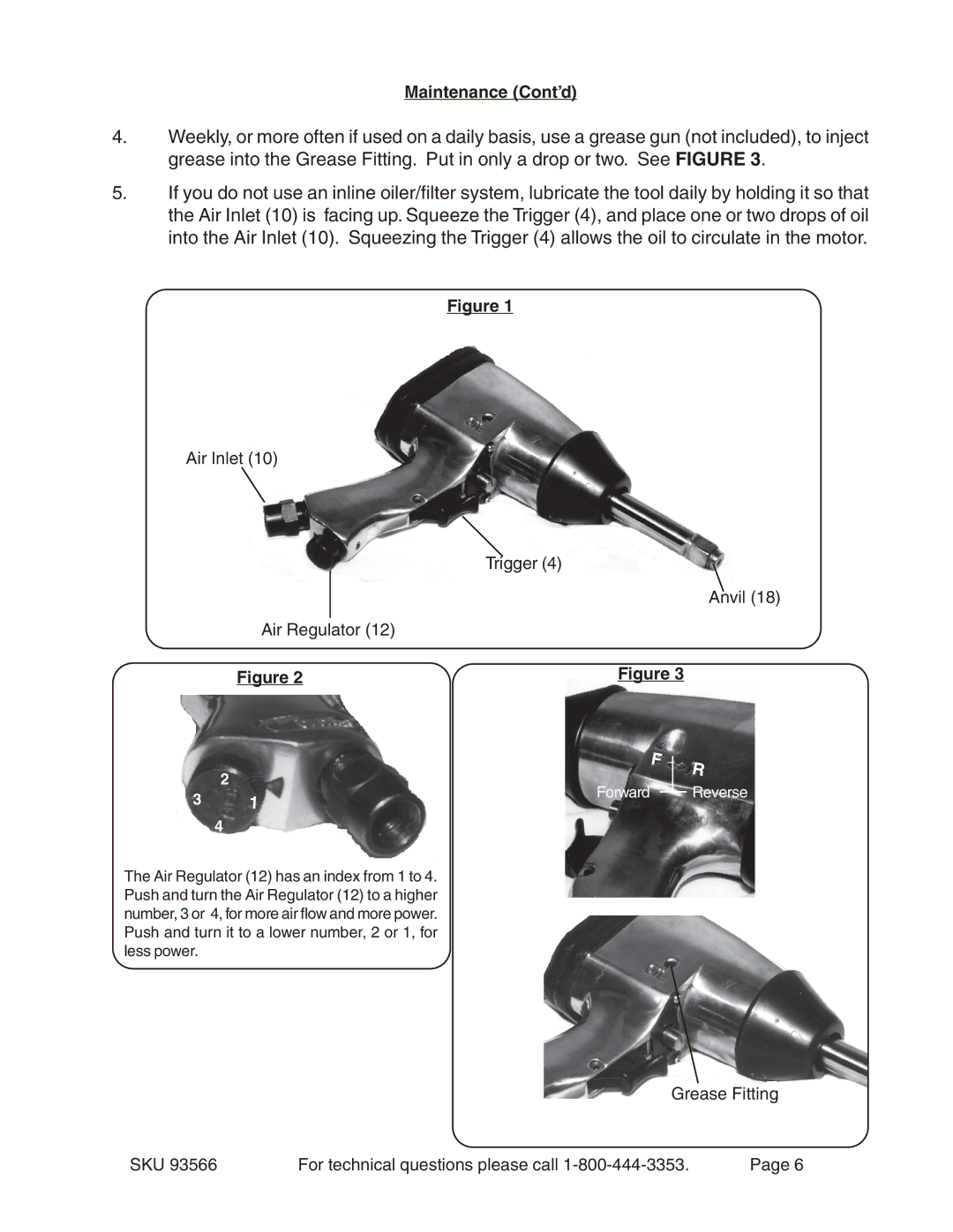 Harbor Freight Tools 93566 operating instructions Maintenance Cont’d, Air Inlet Trigger Air Regulator 