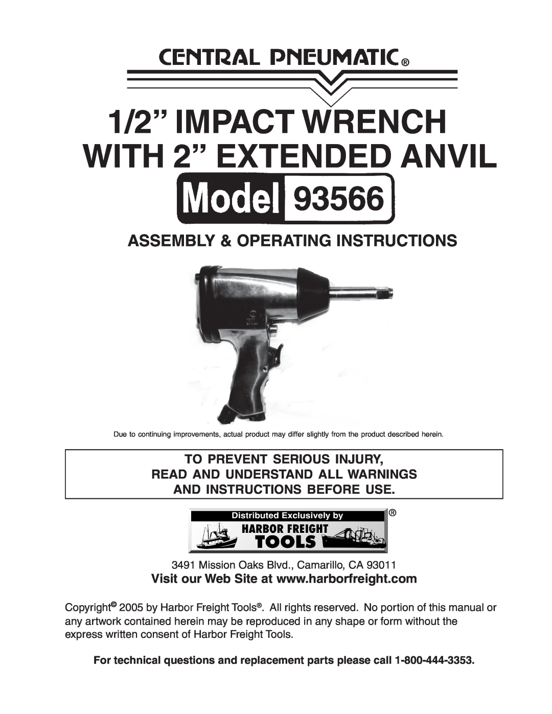 Harbor Freight Tools 93566 operating instructions 1/2” IMPACT WRENCH WITH 2” EXTENDED ANVIL, And Instructions Before Use 