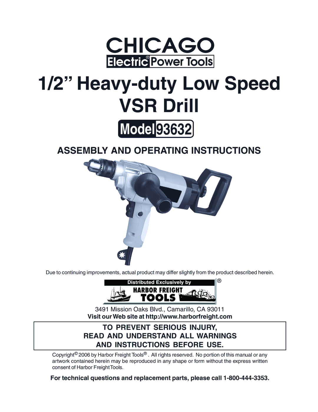 Harbor Freight Tools 93632 operating instructions Heavy-duty Low Speed VSR Drill, Assembly and Operating Instructions 