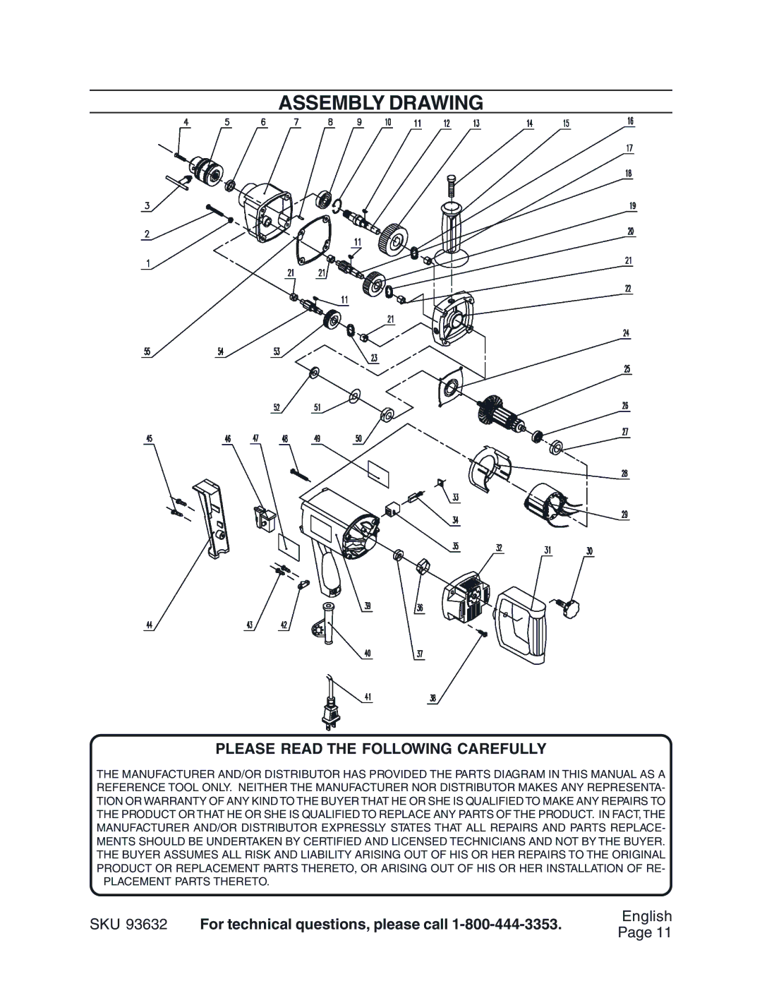 Harbor Freight Tools 93632 operating instructions Assembly Drawing, Please Read the Following Carefully 