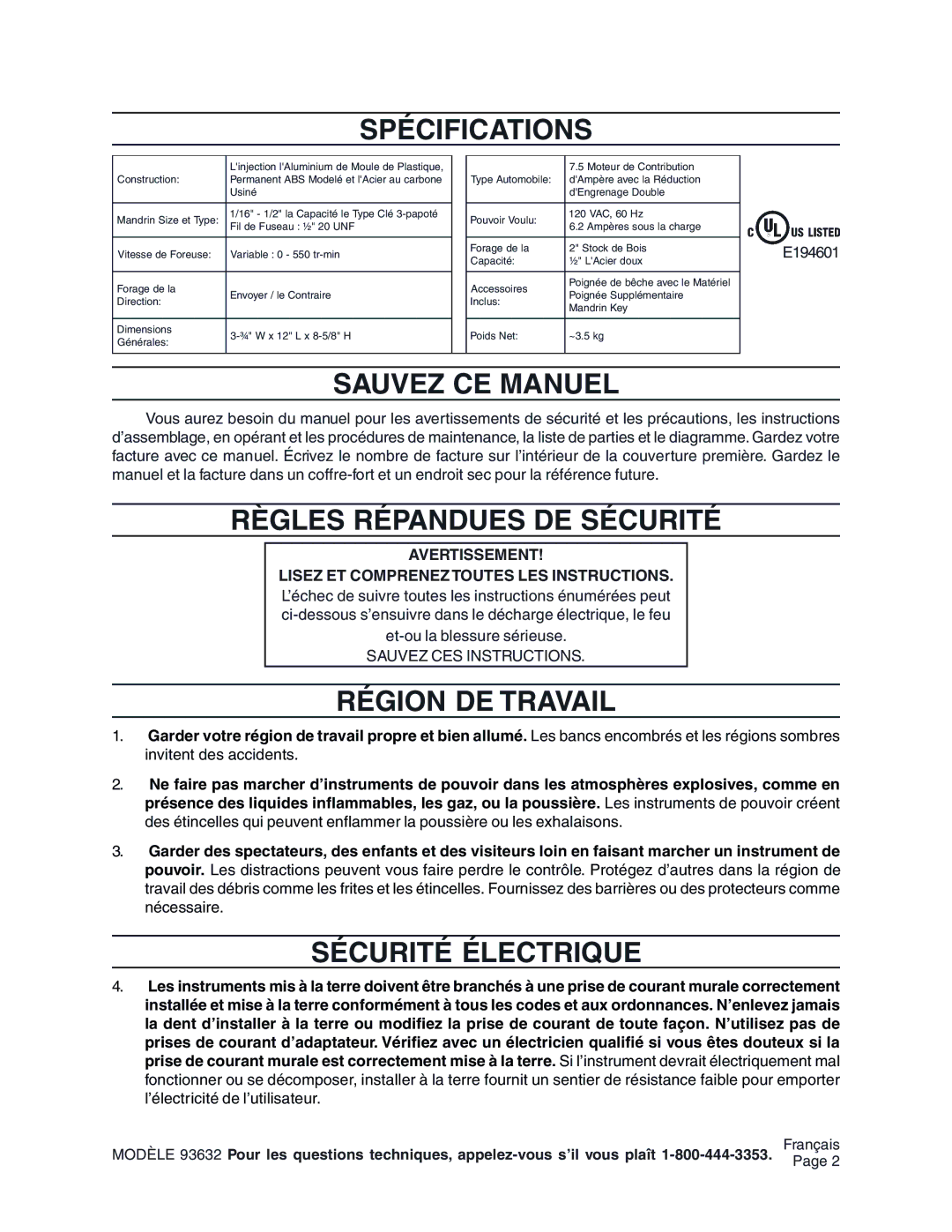 Harbor Freight Tools 93632 Spécifications, Sauvez CE Manuel, Règles Répandues DE Sécurité, Région DE Travail 