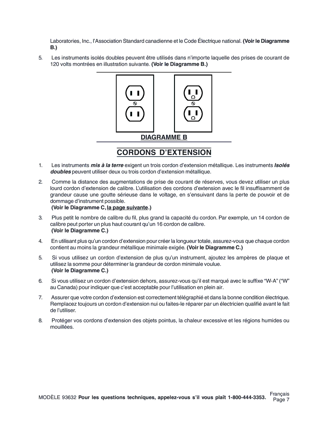 Harbor Freight Tools 93632 operating instructions Cordons D’EXTENSION, Voir le Diagramme C, la page suivante 