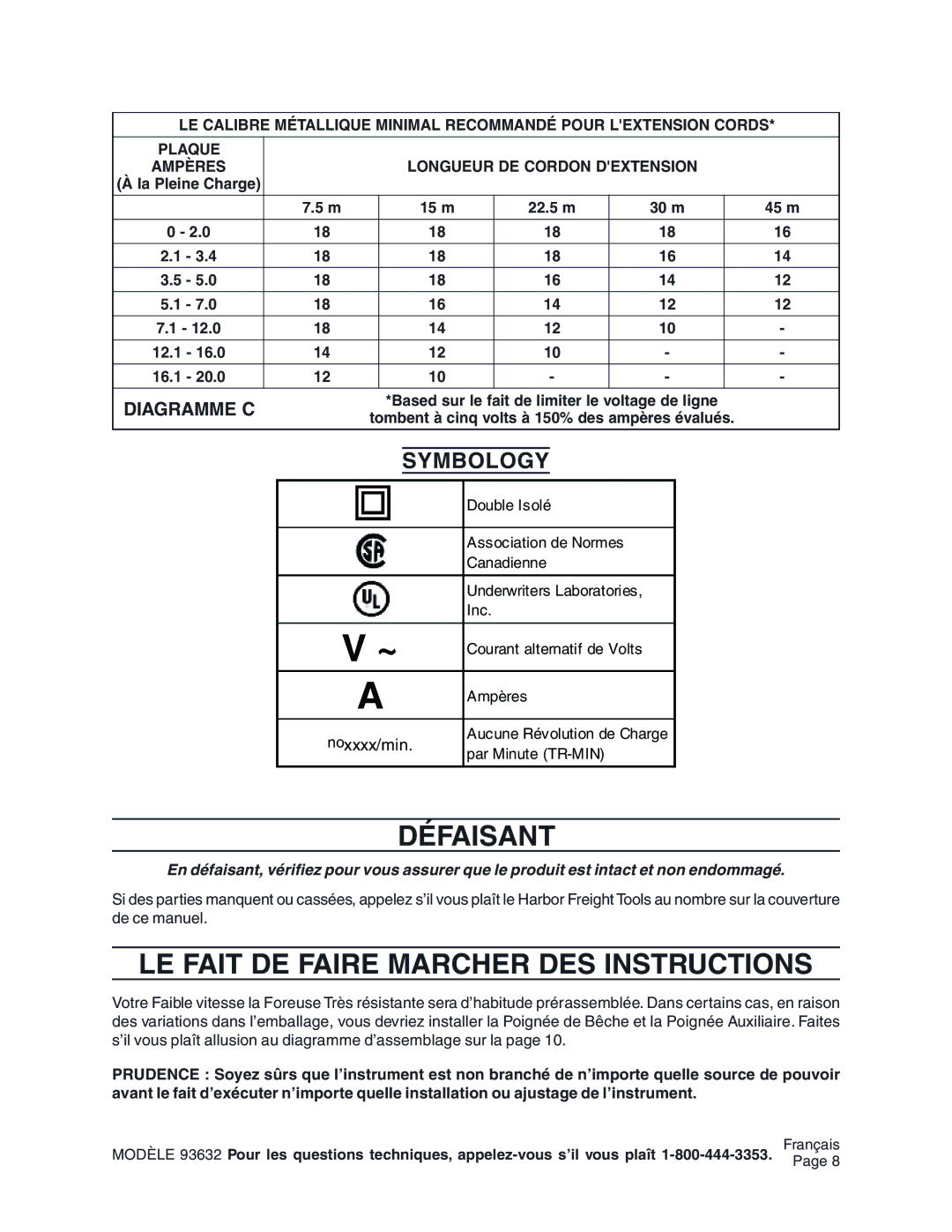 Harbor Freight Tools 93632 operating instructions Défaisant, LE Fait DE Faire Marcher DES Instructions 