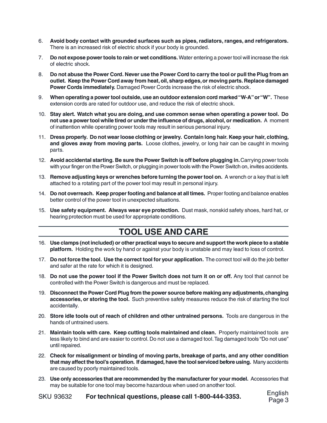 Harbor Freight Tools 93632 operating instructions Tool USE and Care 