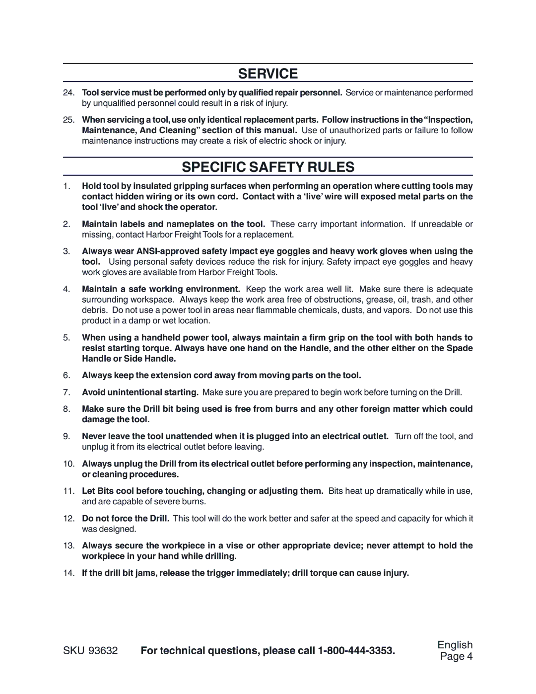 Harbor Freight Tools 93632 operating instructions Service, Specific Safety Rules 