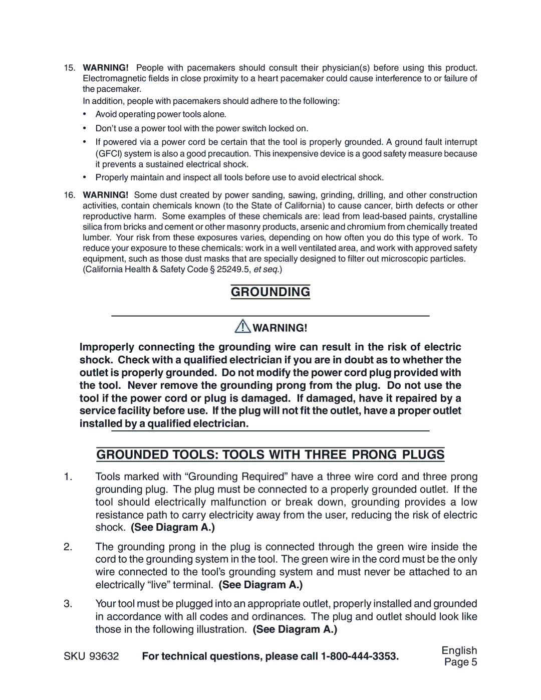 Harbor Freight Tools 93632 operating instructions Grounding, Grounded Tools Tools with Three Prong Plugs 